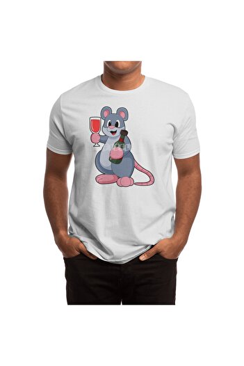 Fizello Men's and Women's White T-Shirt - Mouse with Glass of Wine & Bottle Wine Pattern