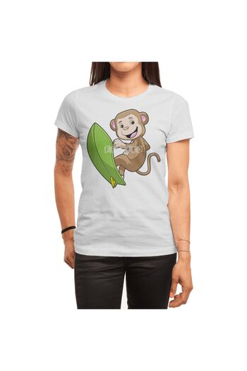 Fizello Чоловічий та жіночий білий футболка - Monkey Surfer та Surfboard Desenli Unisex T-shirt