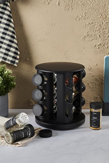 Perotti Casa Black Set of 12 - Black Spice Rack Set with Rotating Stand and Round Glass