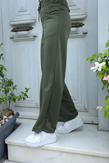 BURCU TESETTÜR Women's Lawned Wide Leg Trousers Sweatpants BRC6502 Khaki