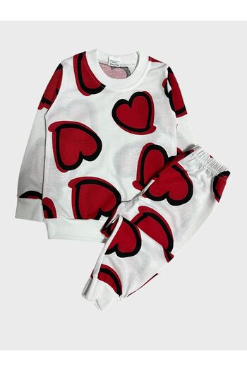Fil Kids Heart Patterned White Long Sleeve Cotton Girl's Pajama Set