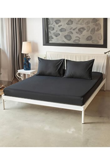 She&Co Double Size Rubberized Bed Sheet Set - 3 Pieces |   Breathable-Summer- Black