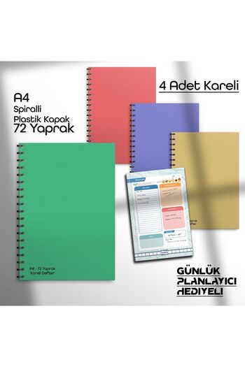 Fragman Yayınları A4 72 Sheets 4 Square School Notebook Planner Gift Plastic Cover Spiral