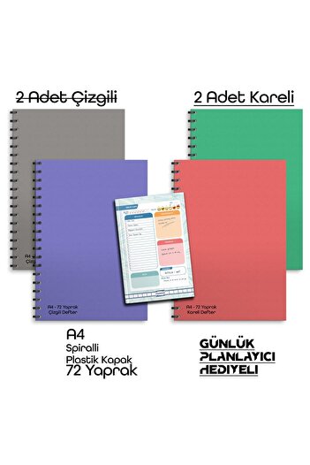 Fragman Yayınları A4 72 Sheets 2 Checkered 2 Lined 4 Pieces School Notebook Planner Gift Plastic Cover with Spiral