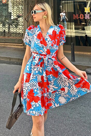 Swist Orange Leaf Patterned Watermelon Sleeve Double Breasted Women's Mini Dress