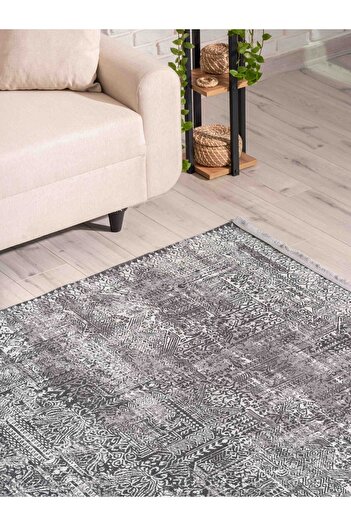 Oriente Home İskandinav Desenli Koyu Gri Yıkanabilir Kaymaz Taban Şönil Halı 7804