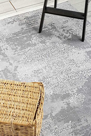 Oriente Home Klasik Halı Gri Yıkanabilir Şönil Dokuma Saçaklı Kaymaz Taban Salon Halısı 7455