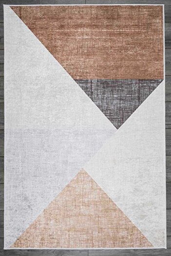 Oriente Home Geometric Patterned Brown Beige Velvet Carpet Washable Non-Slip Base Living Room Kitchen Carpet 7121