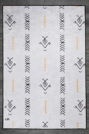 Oriente Home Scandinavian Patterned Black and White Velvet Carpet Washable Non-Slip Base Runner Hallway Carpet 7724