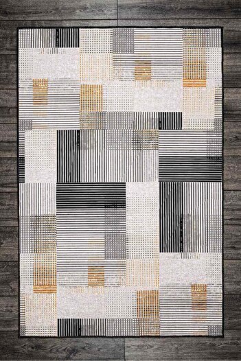 Oriente Home Linear Patterned Black White Yellow Washable Non-Slip Base Velvet Runner Hallway Carpet 7919