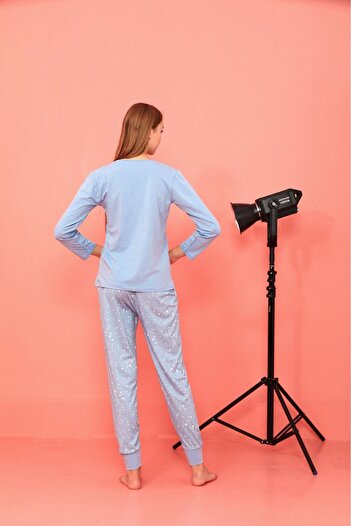 MEBA Blue Patterned Women's Combed Cotton Pajama Set - Long Sleeve and Cuffed