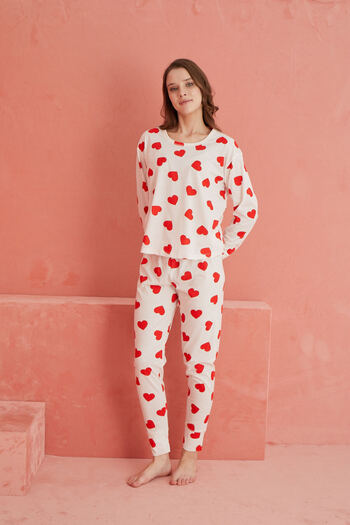 ELİTOL Long Sleeve Heart Patterned Ecru Knitted Pajama Set