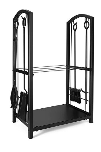 WOODSHUT 5 Li İthal Metal Oval Odunluk Raflı Şömine - Soba Maşa Takımı Aksesuar Seti