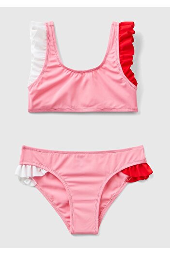 United Colors of Benetton Pink Colored Girl's Bikini Set - Ruffle Detailed