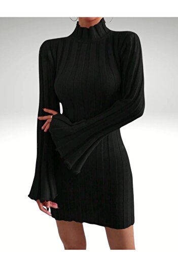 Bracha Comfortable Spanish Sleeve Knitwear Dress with High Collar and Wide Wick Detail