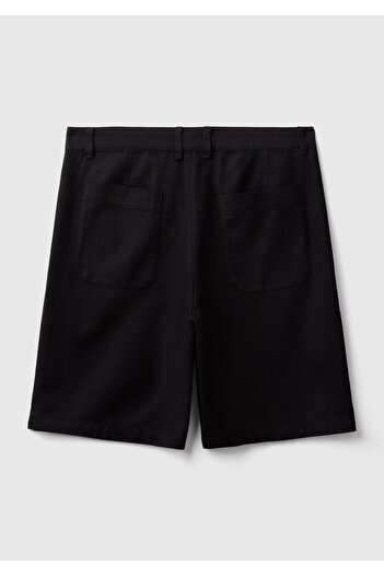 United Colors of Benetton Black Cotton Blended Men's Bermuda Shorts - Pocket and Belt Detail