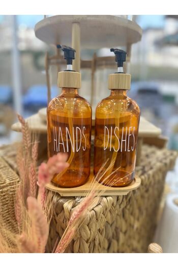 ANJEAHOME Oia 2-Piece 500 ml Amber Glass Bamboo Stand Bathroom Organizer Soap Dish