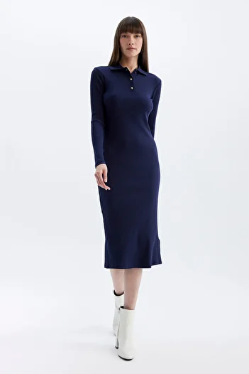 DeFacto Polo Neck Ribbed Camisole - Long Sleeve Midi Dress