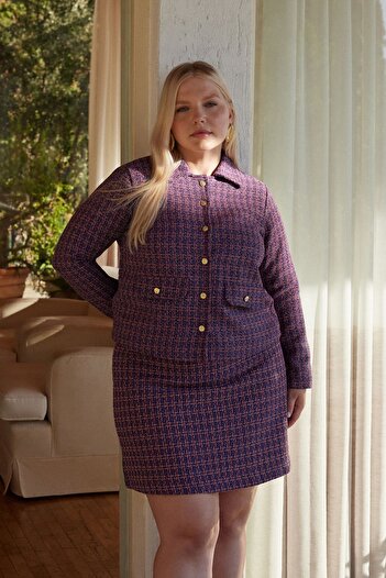 Trendyol Curve Purple Buttoned Plaid/Checkered Tweed Woven Large Size Women's Jacket