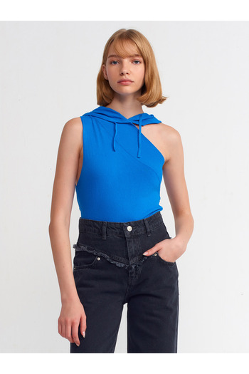 Dilvin 10336 One Shoulder Hooded Blouse-Dark Blue