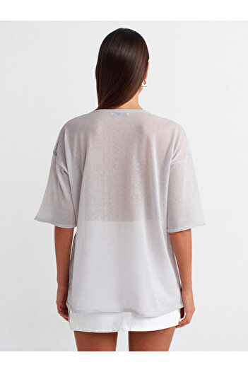 Dilvin 10550 Crew Neck Short Sleeve Transparent Blouse-grey