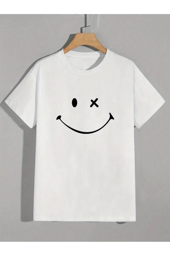 Pink Sky Crew Neck Unisex Oversize Smile Printed T-Shirt