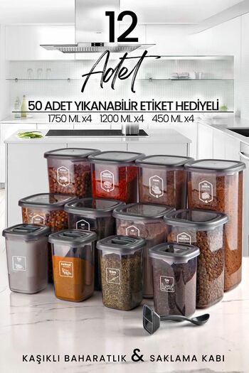 NESS HOME 12-Piece Labeled Square Food Storage Container and Spice Jar Set with Spoon (1750ML 1200ML 400 ML)
