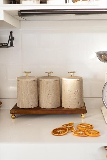Akayev Marble Travertine Hazel 3-Piece Spice Rack with Wooden Stand