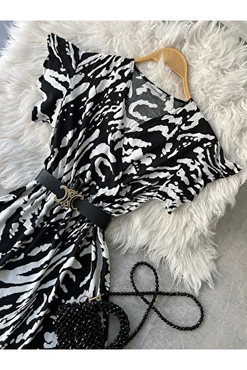 modabetce Leopard Print Ασπρόμαυρο Γυναικείο φόρεμα χωρίς ζώνη με στεγνό γιακά μίντι μήκους νέας σεζόν