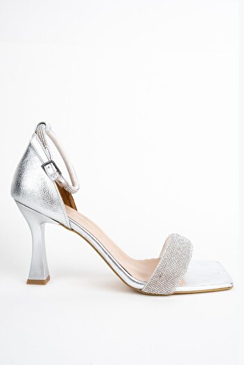 Modabuymus Toffyx Silver Stoned Wide Banded Heeled Evening Dress Shoes