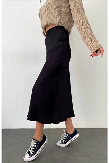IŞILDA FASHION Fustă midi din Satin - neagră
