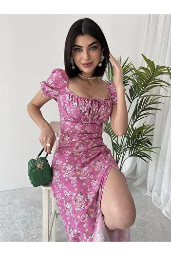 BENDİSTAR BUTİK Pink Floral Midi Length Slit Dress