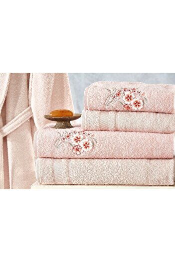 ELVİRAHOME 100% Cotton 3D Embroidery 6 Piece Family Bathrobe Set, Bathrobe Set, Dowry Set
