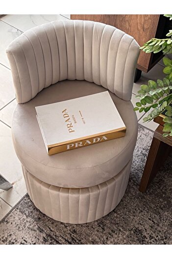 Breda Home Concept Lüks Modern Baby Face Kumaşlı Gold Detaylı Yuvarlak Silinebilir Kumaşlı Mono Krem Puf