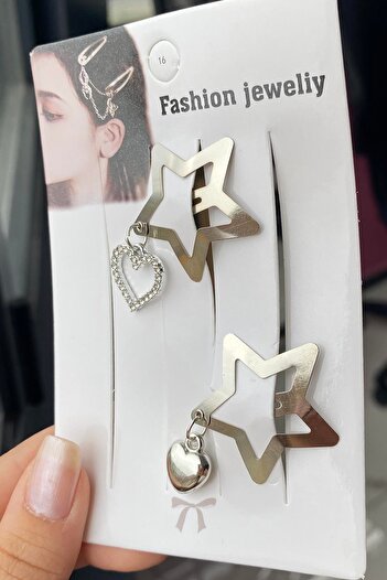 TAKIŞTIR Set of 2 Silver Color Star Figured Heart Detailed Side Buckle