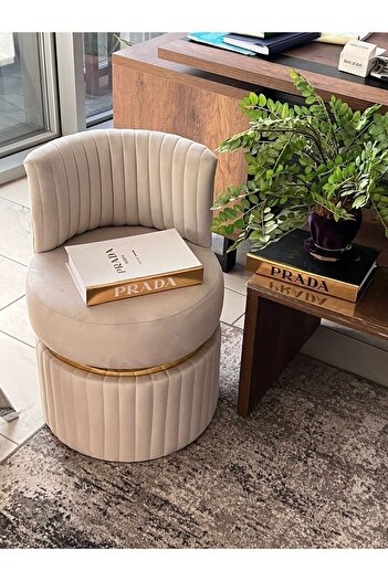 Breda Home Concept Lüks Modern Baby Face Kumaşlı Gold Detaylı Yuvarlak Silinebilir Kumaşlı Mono Krem Puf