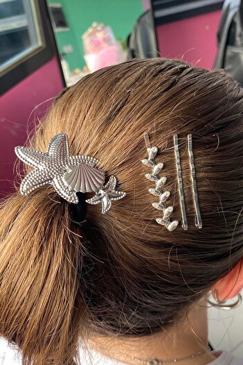 TAKIŞTIR Silver Color Starfish Figured Rubber and Wire Buckle Set