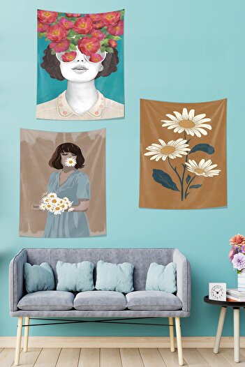 on the clouds Relax Women's Tapestry - Floral Pattern, Daisy, Non-Retention and Wall Cloth Set of 3