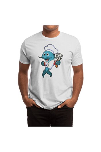 Fizello Unisex White T-Shirt for Men and Women - Fish as Cook Collar, Cooking Apron and Spatula Detailed