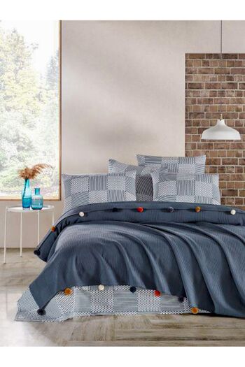 AYHANHOME Double 100% Cotton Bedspread - Pique, Waffle Pattern, Pompom Pique Set