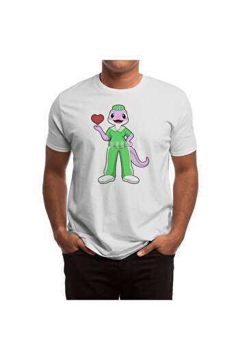 Fizello Geko as Nurse - Men's and Women's White T-Shirt, Unisex, Heart Design