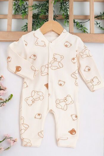 Egelite 0-1-3-6 Bear Printed Fitted Jumpsuit - Baby Girl and Boy, Thin Fabric