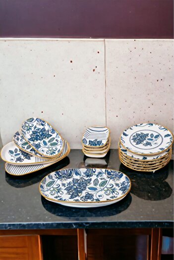 Aybelife Sahra 15 Pieces - Gold Gilded Stoneware Breakfast and Dowry Set
