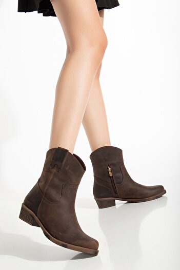 ANALİN SHOES Crazy Deri Γυναικείες Μπότες Cowboy - Καφέ