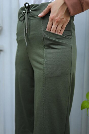 BURCU TESETTÜR Women's Lawned Wide Leg Trousers Sweatpants BRC6502 Khaki