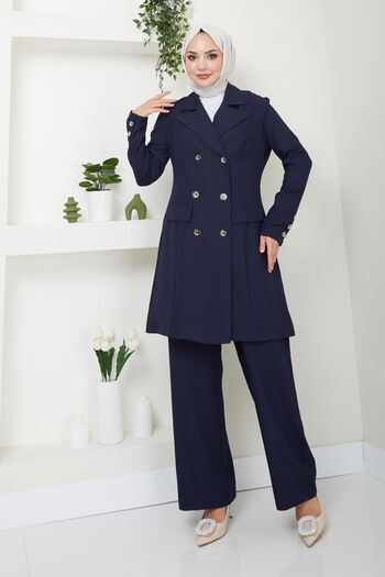 Ayşe Melek Navy Blue Evening Dress Fashion Blazer and Pants Set - 2686