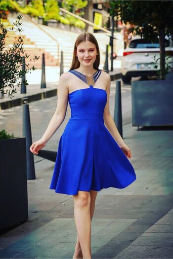 zeynep zehra Kadın Giyim Abiye Moda Askısı Tokalı Kısa Kloş Elbise 2579 Saks