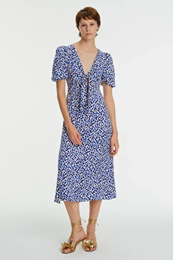 Exquise Watermelon Sleeve Front Tie Detailed Geometric Patterned Midi Dress