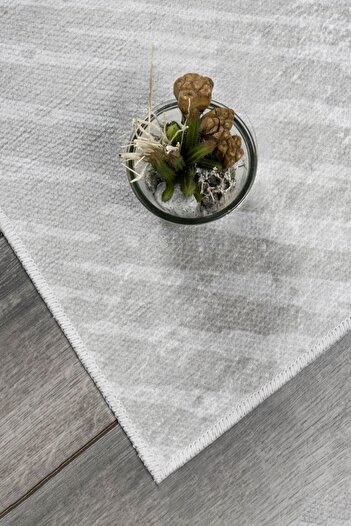 Oriente Home Soft Desenli Açık Gri Beyaz Kadife Halı Yıkanabilir Kaymaz Taban Koridor Halısı Yolluk 7009