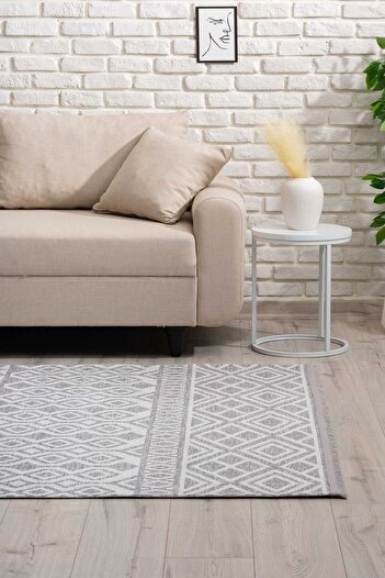 Oriente Home İskandinav Desenli Açık Gri Beyaz Yıkanabilir Kaymaz Taban Şönil Makina Halısı 7778